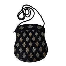 Vintage Black Jet Beaded Evening Bag Crossbody Diamond Pattern