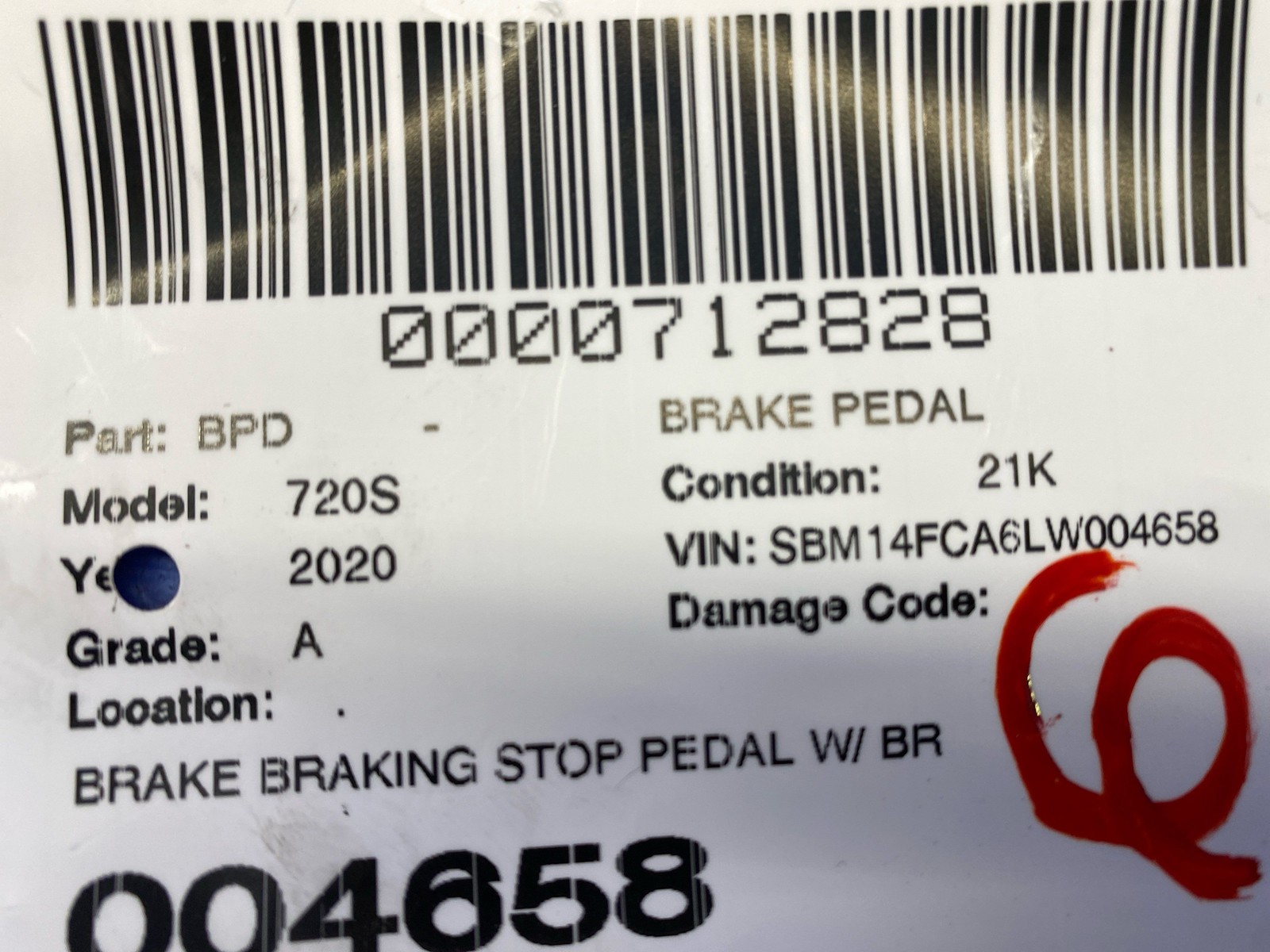 2018-2023 MCLAREN 720S BRAKE BRAKING STOP PEDAL W/ BRACKET 11CA001CP OEM
