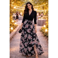 Leslie Fay Women Dress 14 Black Wrap Floral Print Maxi Elegant Romantic Evening
