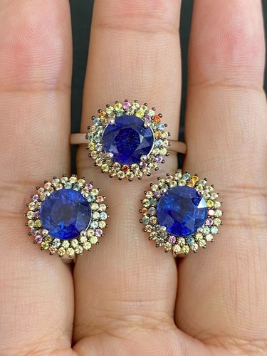 NATURAL SAPPHIRE RD 8 MM SAPPHIRE DIAMOND CUT STERLING SILVER 925 RING EARRING - 第 1/13 張圖片