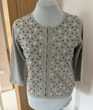 InWear Grey Polka Dot Sequin Knit Cardigan 3/4 Sleeve Round Neck Size L