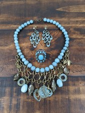 Faux Turquoise Jewelry Set, Adjustable Concho Ring, Earrings, Beaded Necklace