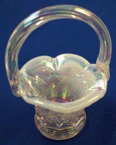 Fenton Art Glass Opalescent Iridescent Pink Mini Basket Diamond Lace