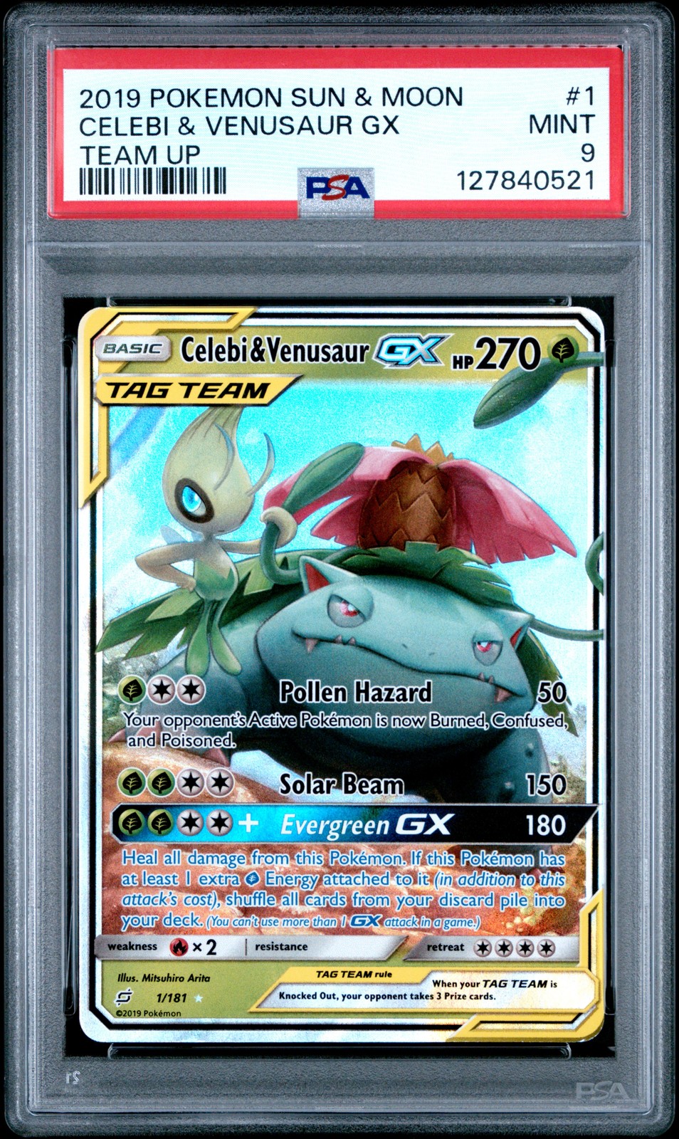 2019 POKEMON SUN & MOON TEAM UP #1 CELEBI & VENUSAUR GX PSA 9