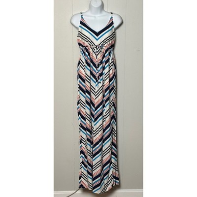 Old Navy Maternity Maxi Dress Blue Orange Chevron Stripe V-Neck Sleeveless Sz M