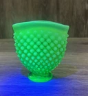 New ListingVINTAGE FENTON GREEN URANIUM HOBNAIL FAN  VASE CARD HOLDER 2AG