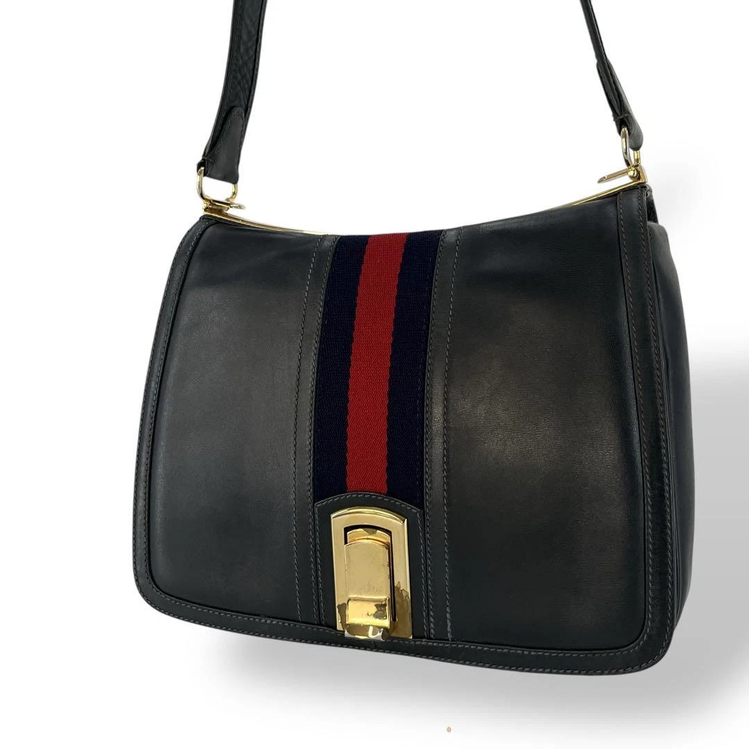 Gucci One Sac à Bandoulière Sherry Line Cuir Marine Slide Lock Authentique Occasion