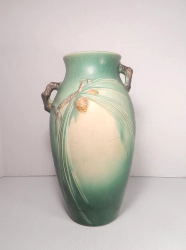 As Is Vtg ROSEVILLE Pottery 806-12 Green Pine Cone Vase Urn Large 12.5" Tall
