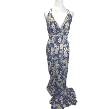 Romesa Blue & White women's Floral Halter Maxi Sundress Size L Boho Resort wear