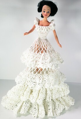 crochet barbie wedding dress Doll Bridal Gown Beautiful Handmade Cotton X Long Free crochet ball gown size:US26W wintertops Kara Slinky Cut Out