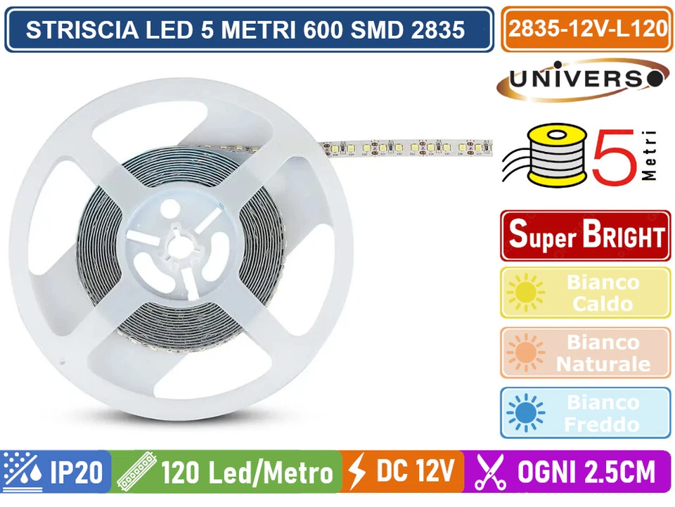 STRIP STRISCIA LED MONOCOLORE 5 METRI SMD 2835 120 LED METRO IP20 DC 12V - Immagine 3 di 4