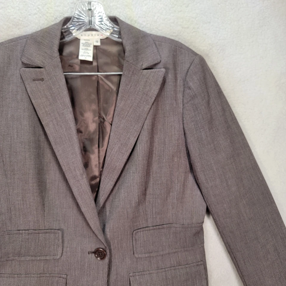 Vtg Studio M Womens Blazer Brown Collar Slim Professional Classic Career Size 12 - Image 3 of 4