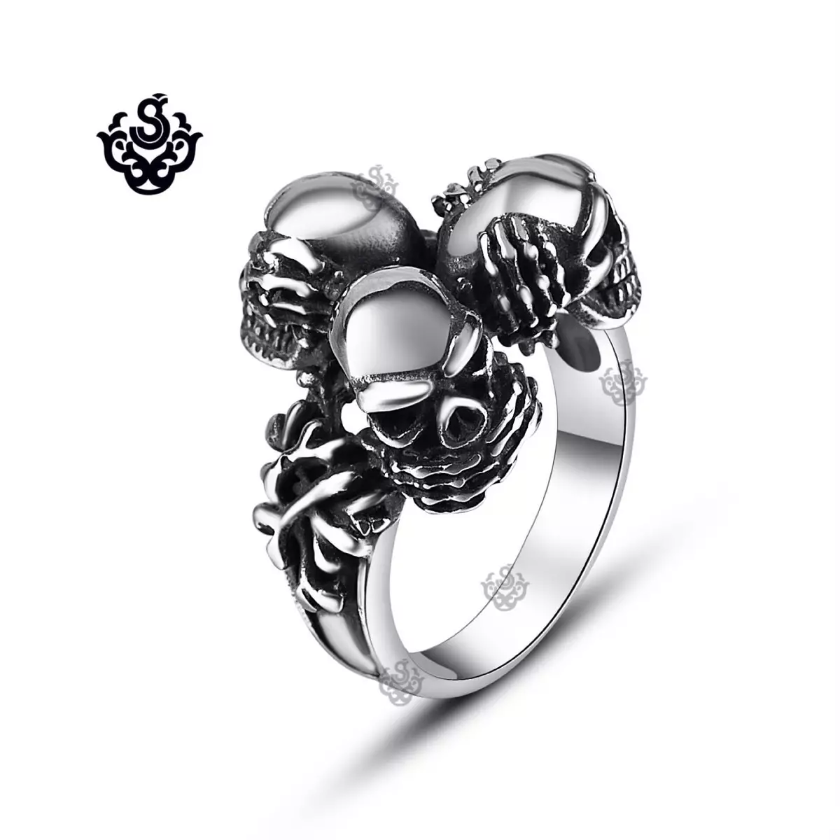 Silver skull ring Three wise monkeys The Three Mystic apes stainless steel band