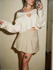 Cream Heart Cutout Knit Crop Top Khaki Pleated Skirt Set Womens S Coquette