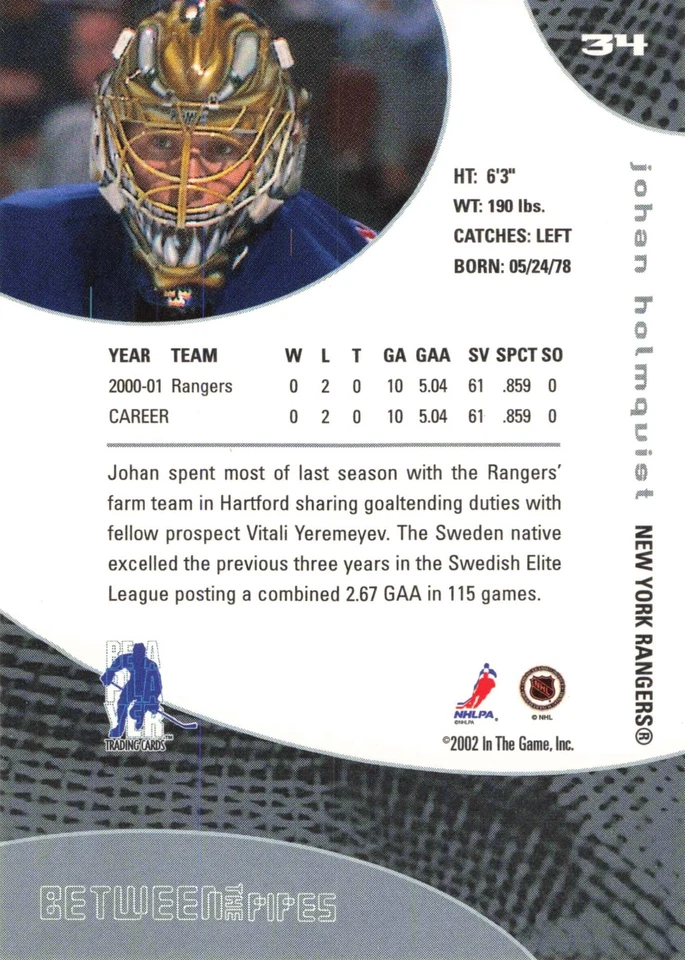 Johan Holmqvist 2001-02 Be a Player Between the Pipes #34 New York Rangers - Image 2 of 2
