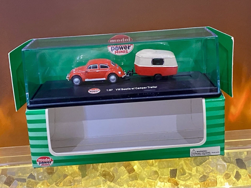 Model Power Minis VW Bug Beetle with Camper Trailer, 1:87, Red/White, New MINT - Image 2 of 4