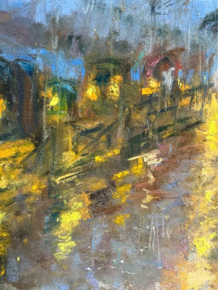 Pintura pastel hecha a mano, arte de pared Monsoon Rain Street 9x12, firmado por artista Foto 3 de 4