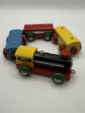 Vintage BRIO Sweden Wooden Train Set Engine  3 Cars Magnetic 4 Piece