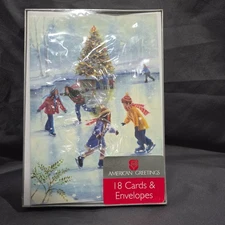 American Greetings Boxed Christmas Cards Ice Skaters On Pond Christmas Tree 18