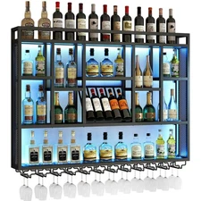 4-Tier Wall Mounted Wine Rack 59" Floating Bar Shelves w/ LED Light for Bar Cafe