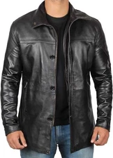 Black Leather Coat ¾ Length 100% Real Lambskin Leather Jacket For Men Overcoat