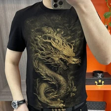 New Men Luxury Dragon Trend Rhinestones Diamonds Fashion Summer Black T-Shirt