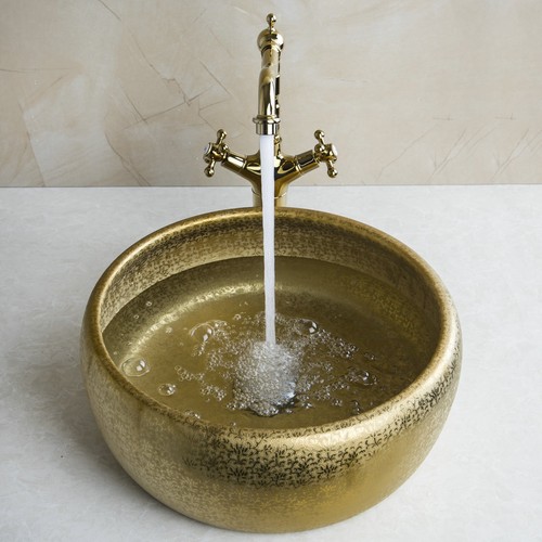 Juego de lavavajillas de cerámica oro mostrador lavabo lavabo mezclador grifo dorado - Imagen 7 de 10