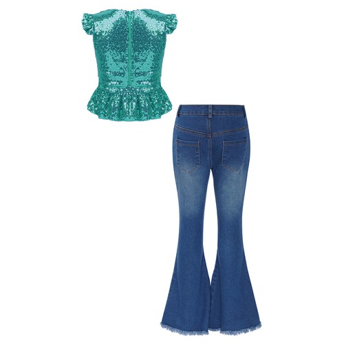 Girls 2Piece Sparkly Sequins Crop Top with Ripped Flared Jeans Pants Outfit - Picture 19 of 57