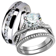 His Hers 3Pc Stainless Steel Wedding Engagement Ring Eternity Band Set