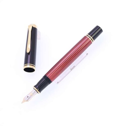 Pelikan Souveran M600 Fountain Pen Striped Red Resin Nib M 14K Bordeaux - Picture 1 of 10