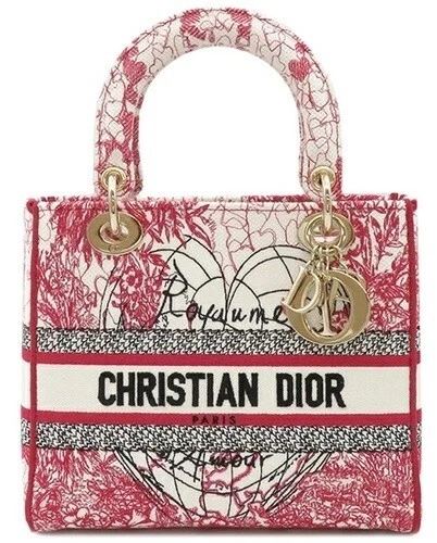 Sac fourre tout Christian Dior Lady D Lite 2 voies, toile brodée rouge, bandoulière