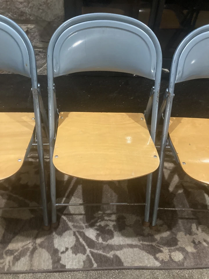 Lote De 4 Silla Plegable De Colección MCM American Seating Co Metal Y Madera Azul Foto 3 de 4