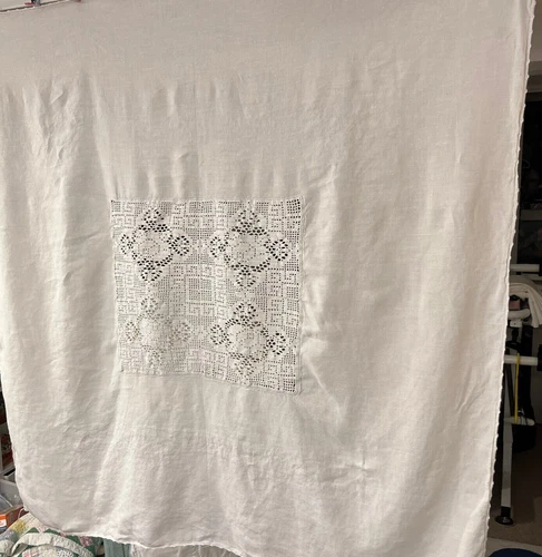 Vintage White Linen Tablecloth w/ Cotton Crocheted Center 52x48 Crocheted Edges