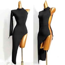 Women Black Dress Long Sleeve High Split Irregular Dress Salsa Dance Dress
