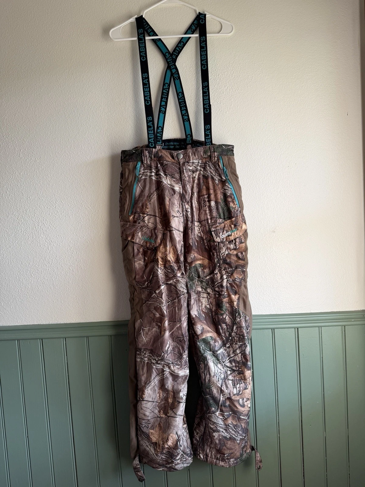 Cabela's Womens Size Small Overall Camo Zipper Legs Snap 4 Most Dry Plus