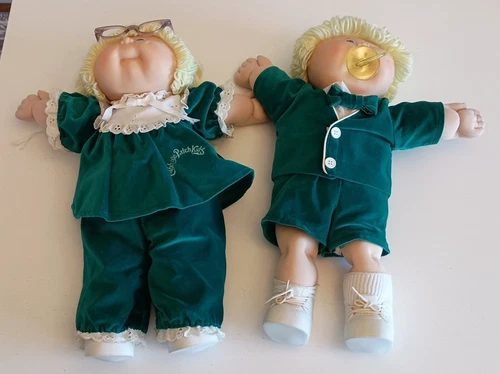 Vintage 1985 CABBAGE PATCH KIDS TWINS Boy/Girl Glasses, Pacifier Orig. Clothes