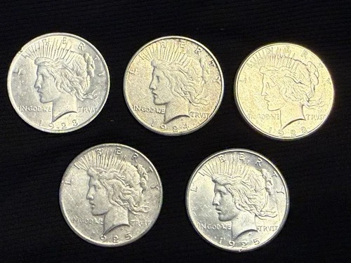 PEACE SILVER DOLLAR LOT 1/4 ROLL OF 5 COINS 1923-1925 P S BEAUTIFUL TONED VF-AU