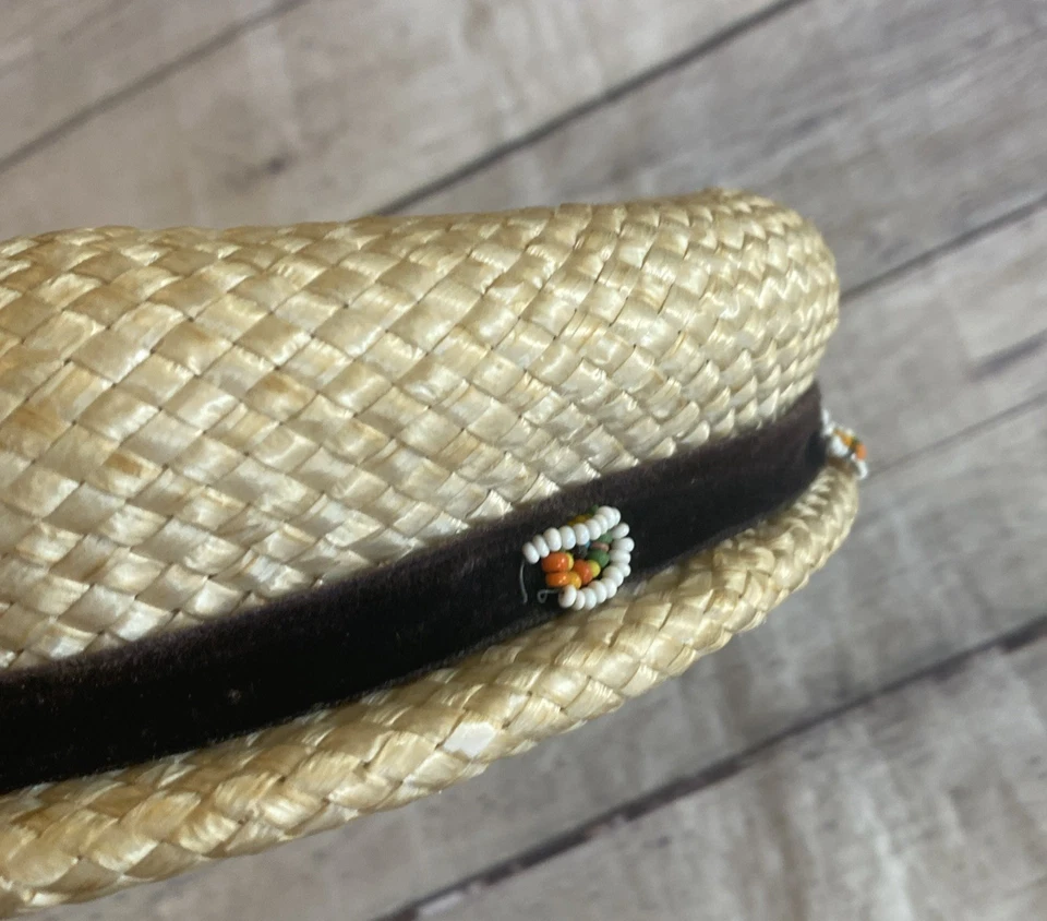 Vintage  Straw Pillbox Woven Hat Braided 50s 60s Velvet Ribbon With Beads 22 MSC - Image 2 of 4