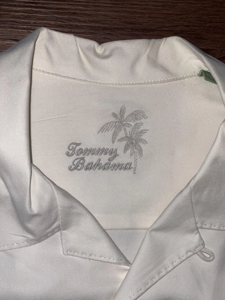Camisa Tommy Bahama Para Hombre Mediana Marfil 100% Seda Campamento Abotonada Manga Corta Lazo Foto 2 de 4