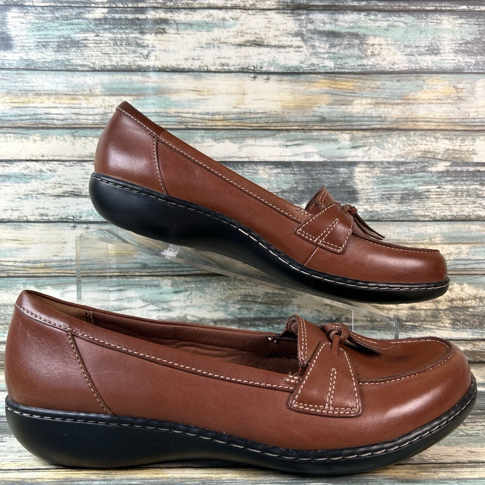 Mocassini Clarks taglia 11W pelle marrone scarpe comode slip on zeppa eleganti ballerine
