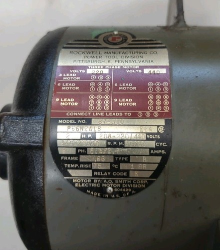 Delta Rockwell Unisaw 3-Phase Motor 2HP, 3450 RPM Model 87-310 208-220/440V - Picture 2 of 12