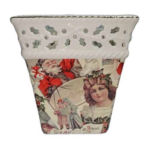 Madison Max Christmas Ceramic Planter Victorian Santa Holly Gold Trim Cutout Pot