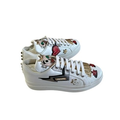 PRADA Robot Queen patchwork embellished white platform sneaker EU39