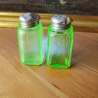 Vintage Uranium Glass Salt & Pepper Shakers Etched Floral Depression Glass Set