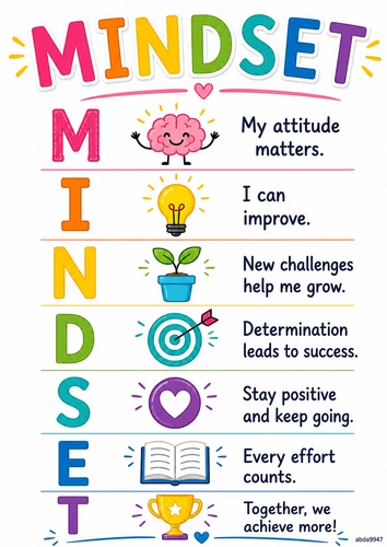 A4 Laminated MINDSET Poster Kids Classroom Positive Growth Learning Chart - Picture 1 of 1