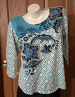 Chico's Tee Blue White Diamonds Beaded Embroidery 3/4 Sleeves Size 2 (reg 12)