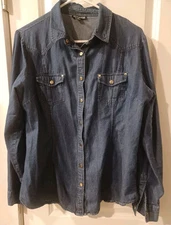 Fashion Web Womens Size XL Denim Top Snaps Western Silver Bling Casual Dark Blue