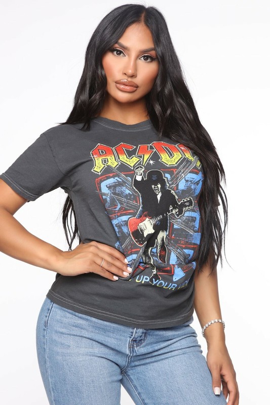Fashion Nova ACDC Washed Tee Black Wash Grey XS NWOT Band Shirt Casual T-Shirt