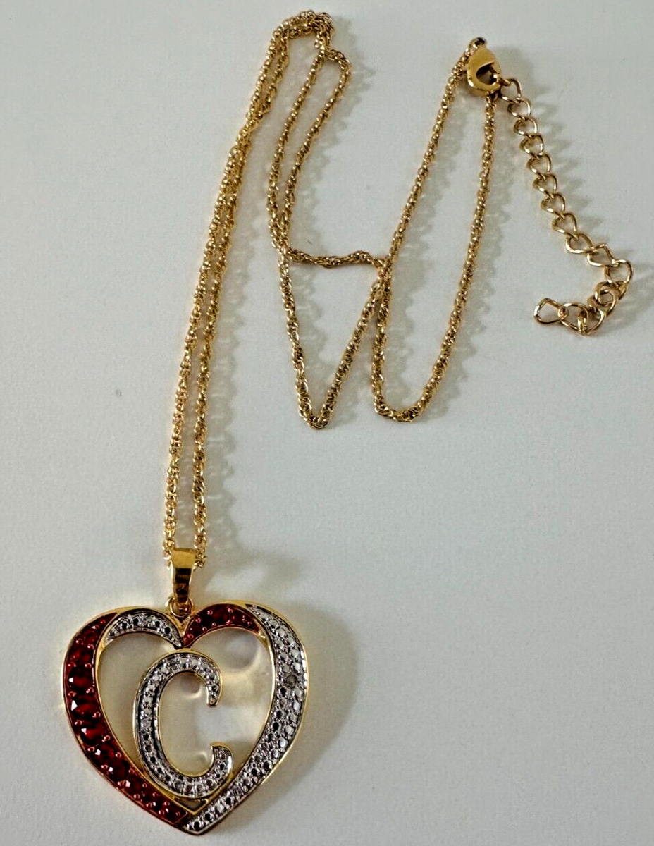 Danbury Mint Initial C Heart Charm Red Gold Tone Necklace 18-20