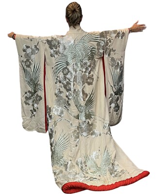 Vintage Japan Uchikake Silk Wedding Kimono Embroidered Crane Birds Silver  Floral
